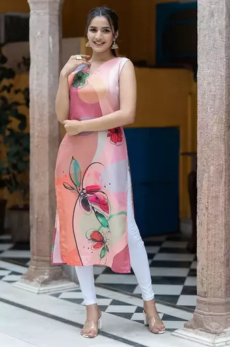 Floral Printed V-Neck Sleeveless Straight Kurta