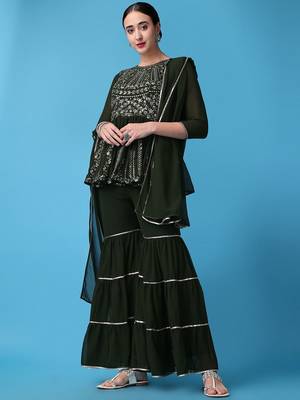 Ethnic Motifs Embroidered Empire Silk Georgette Kurti with Sharara & Dupatta 1