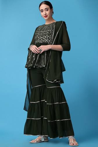Ethnic Motifs Embroidered Empire Silk Georgette Kurti with Sharara & Dupatta