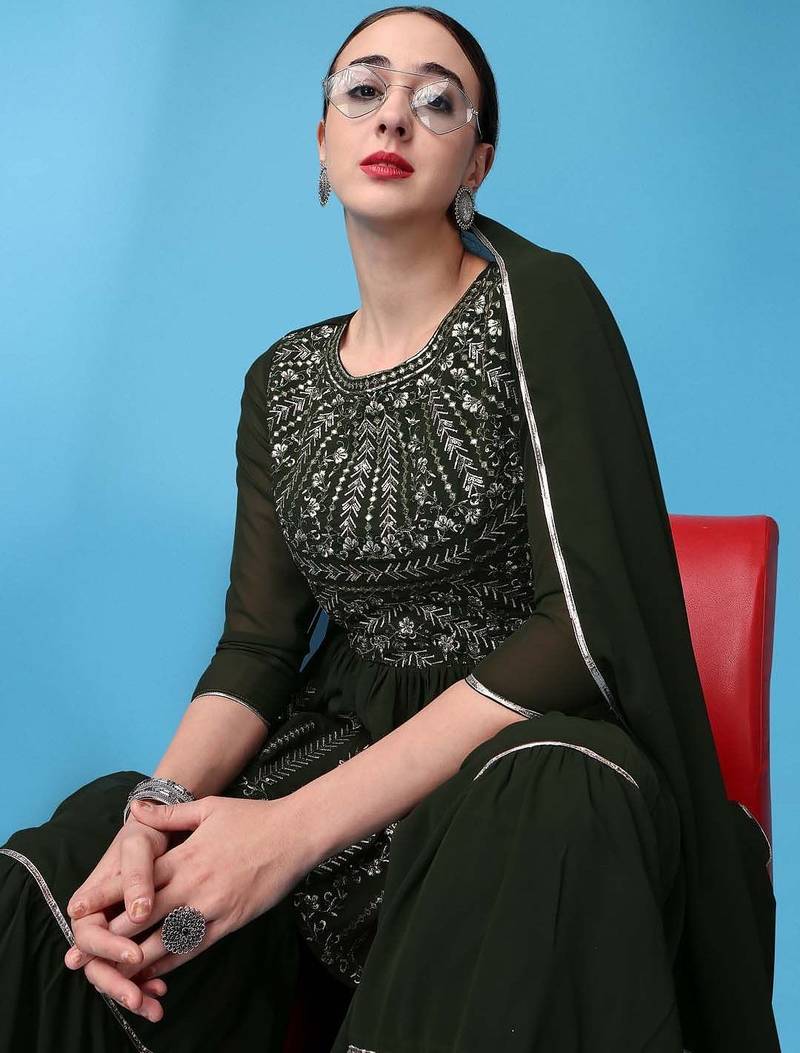 Ethnic Motifs Embroidered Empire Silk Georgette Kurti with Sharara & Dupatta