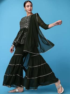 Ethnic Motifs Embroidered Empire Silk Georgette Kurti with Sharara & Dupatta 4