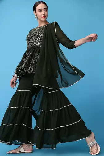 Ethnic Motifs Embroidered Empire Silk Georgette Kurti with Sharara & Dupatta