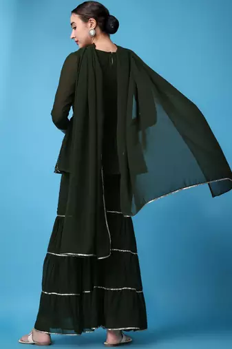 Ethnic Motifs Embroidered Empire Silk Georgette Kurti with Sharara & Dupatta