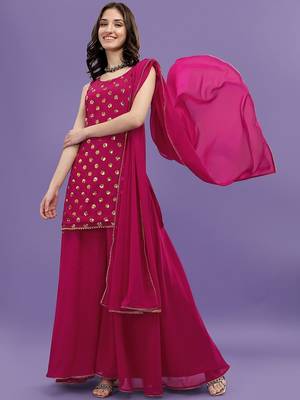 Women Pink Printed Sequinned Silk Georgette Kurti with Sharara & With Dupatta 1