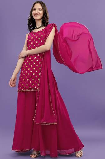 Women Pink Printed Sequinned Silk Georgette Kurti with Sharara & With Dupatta