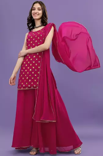 Women Pink Printed Sequinned Silk Georgette Kurti with Sharara & With Dupatta