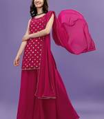 Women Pink Printed Sequinned Silk Georgette Kurti with Sharara & With Dupatta