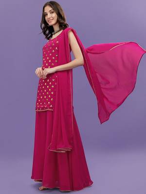 Women Pink Printed Sequinned Silk Georgette Kurti with Sharara & With Dupatta 4