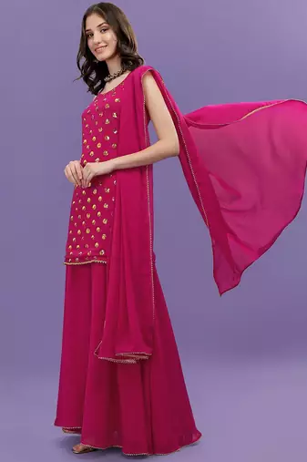 Women Pink Printed Sequinned Silk Georgette Kurti with Sharara & With Dupatta
