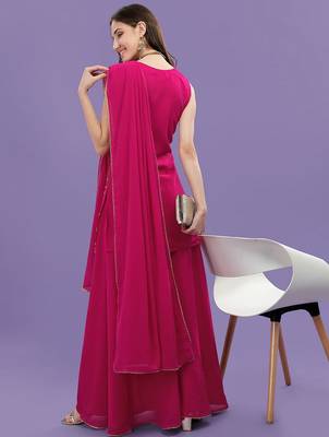 Women Pink Printed Sequinned Silk Georgette Kurti with Sharara & With Dupatta 5