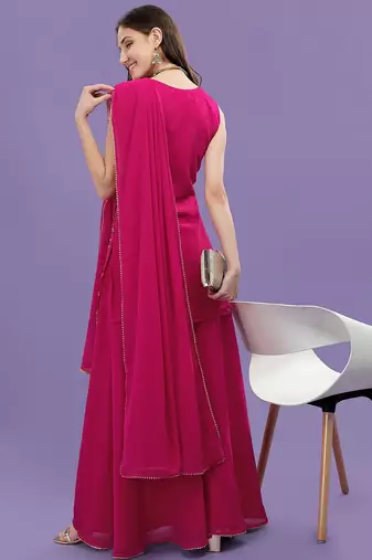 Women Pink Printed Sequinned Silk Georgette Kurti with Sharara & With Dupatta