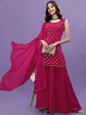 Women Pink Printed Sequinned Silk Georgette Kurti with Sharara & With Dupatta 6