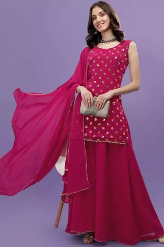 Women Pink Printed Sequinned Silk Georgette Kurti with Sharara & With Dupatta