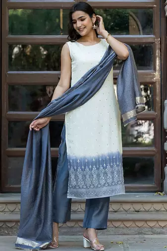 Ethnic Motifs Regular Pure Silk Kurta with Trousers & With Dupatta