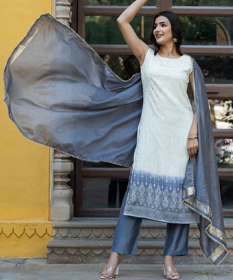Ethnic Motifs Regular Pure Silk Kurta with Trousers & With Dupatta