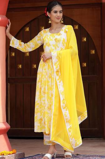 Floral Printed Anarkali Kurta with Palazzos & With Dupatta