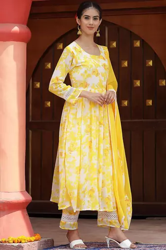 Floral Printed Anarkali Kurta with Palazzos & With Dupatta