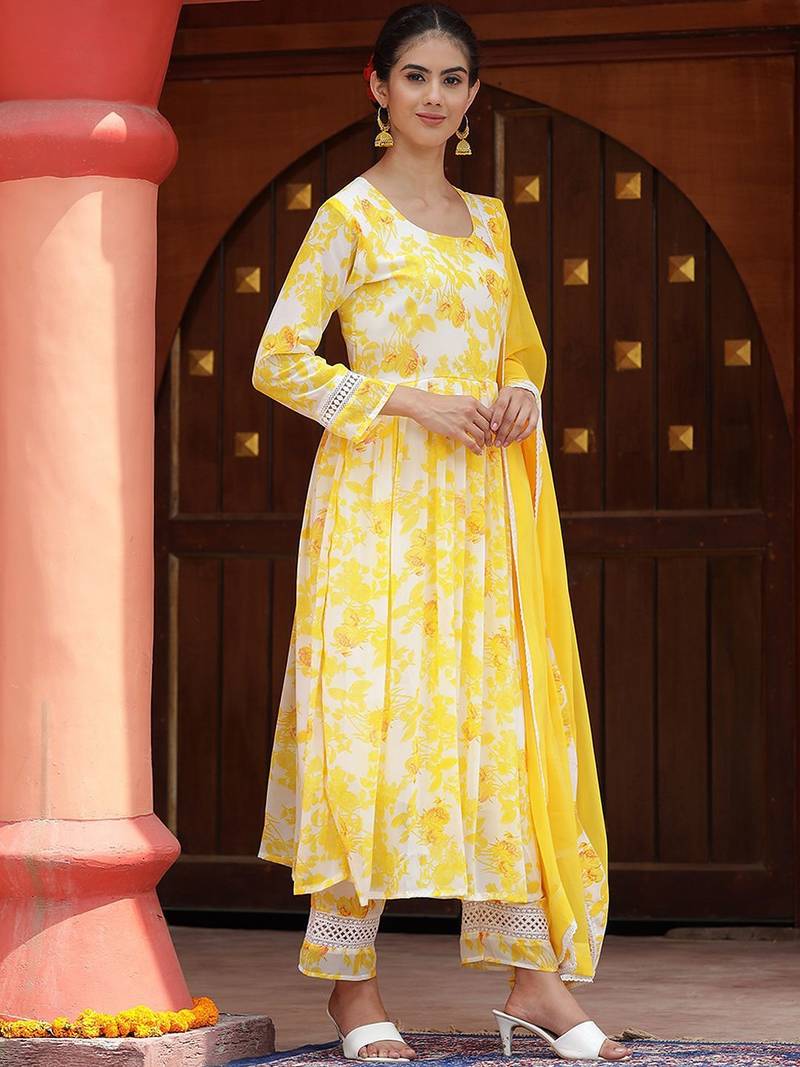 Floral Printed Anarkali Kurta with Palazzos & With Dupatta