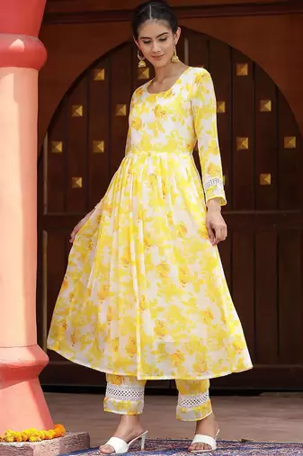Floral Printed Anarkali Kurta with Palazzos & With Dupatta