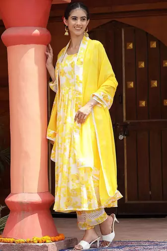 Floral Printed Anarkali Kurta with Palazzos & With Dupatta