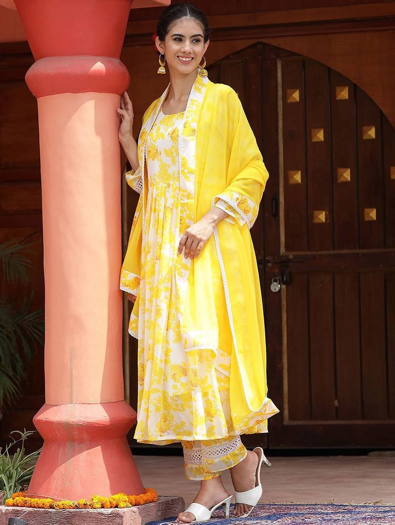 Floral Printed Anarkali Kurta with Palazzos & With Dupatta