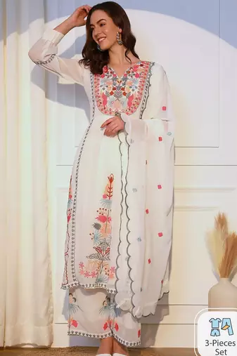 Floral Embroidered Kurta With Palazzos & Dupatta