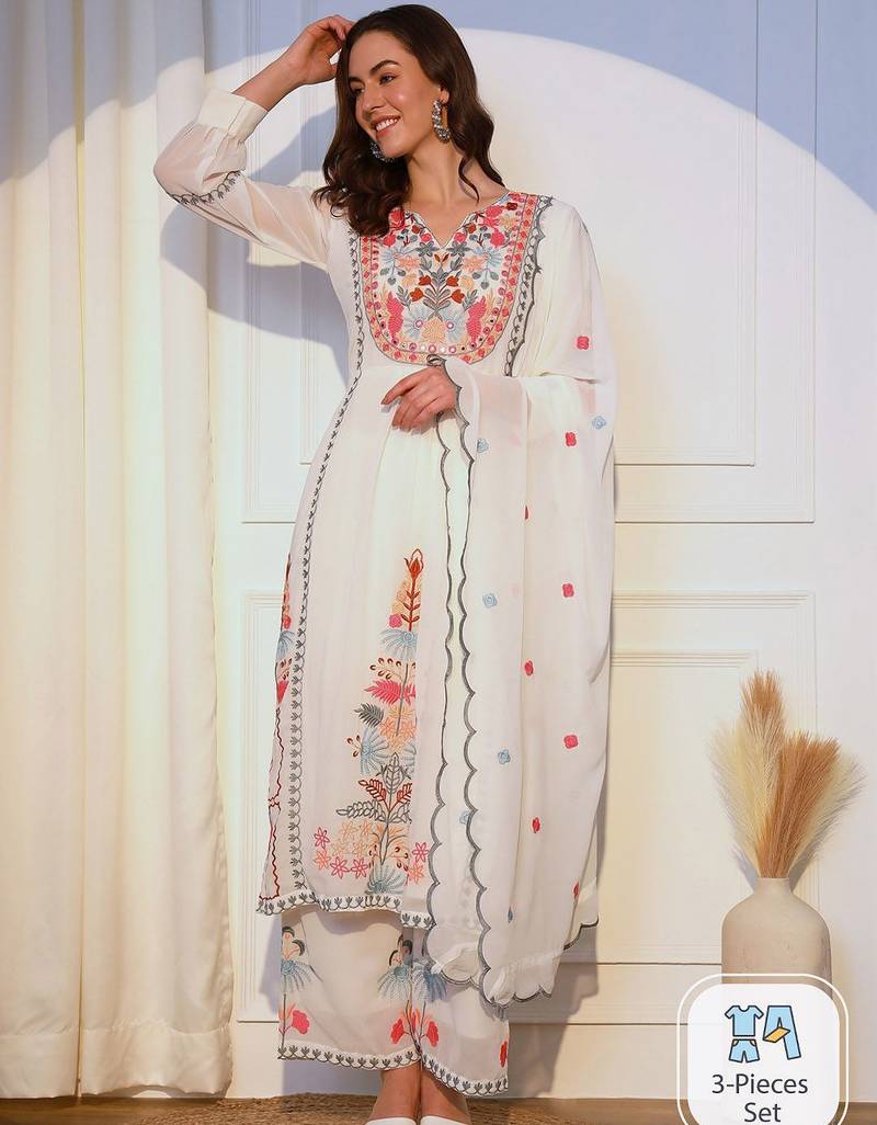 Floral Embroidered Kurta With Palazzos & Dupatta