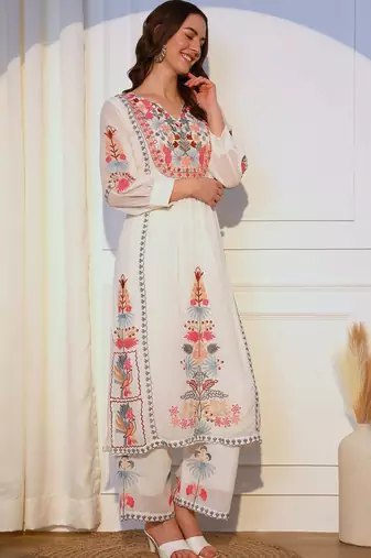 Floral Embroidered Kurta With Palazzos & Dupatta