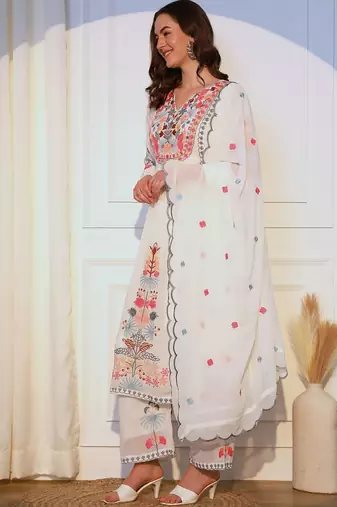 Floral Embroidered Kurta With Palazzos & Dupatta