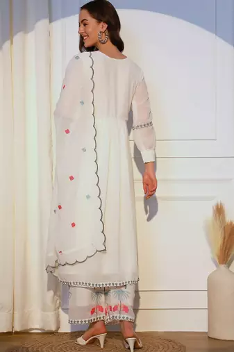 Floral Embroidered Kurta With Palazzos & Dupatta