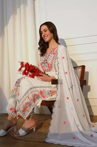 Floral Embroidered Kurta With Palazzos & Dupatta