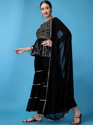 Floral Embroidered Gotta Patti Silk Georgette Kurti with Sharara & With Dupatta 1