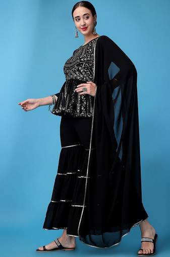 Floral Embroidered Gotta Patti Silk Georgette Kurti with Sharara & With Dupatta