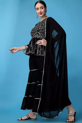 Floral Embroidered Gotta Patti Silk Georgette Kurti with Sharara & With Dupatta
