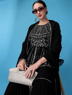 Floral Embroidered Gotta Patti Silk Georgette Kurti with Sharara & With Dupatta 2