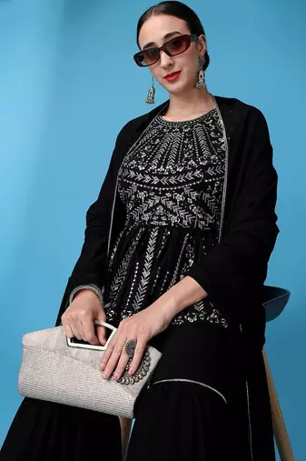 Floral Embroidered Gotta Patti Silk Georgette Kurti with Sharara & With Dupatta