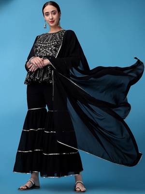 Floral Embroidered Gotta Patti Silk Georgette Kurti with Sharara & With Dupatta 4