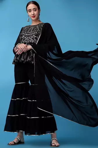 Floral Embroidered Gotta Patti Silk Georgette Kurti with Sharara & With Dupatta