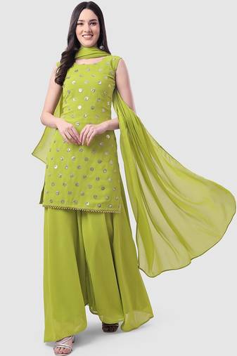 Ethnic Motifs Embroidered Sequinned Kurti with Palazzos & With Dupatta