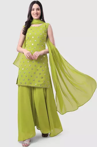 Ethnic Motifs Embroidered Sequinned Kurti with Palazzos & With Dupatta
