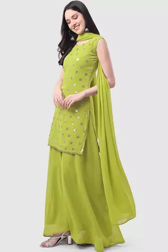 Ethnic Motifs Embroidered Sequinned Kurti with Palazzos & With Dupatta