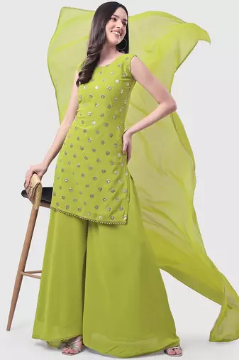 Ethnic Motifs Embroidered Sequinned Kurti with Palazzos & With Dupatta