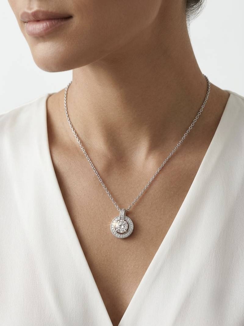 925 Sterling Silver Solitaire Halo Pendant Necklace Set  for Women