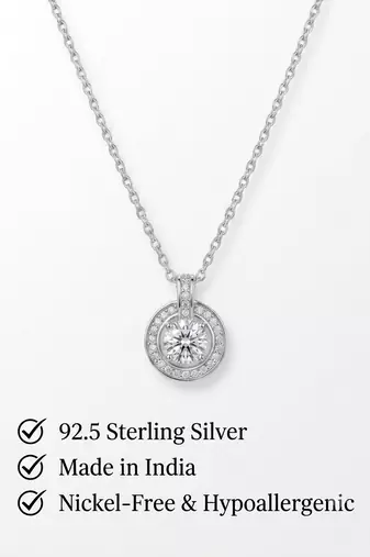 925 Sterling Silver Solitaire Halo Pendant Necklace Set  for Women