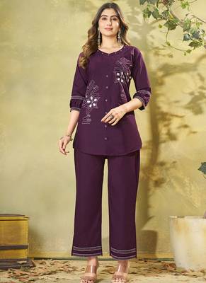 Wine cotton kurti pant set 1
