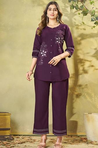 Wine cotton kurti pant set