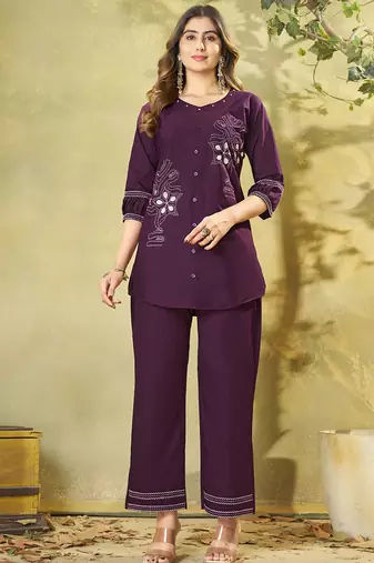 Wine cotton kurti pant set