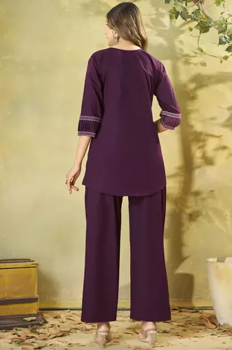 Wine cotton kurti pant set