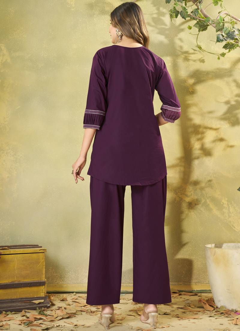 Wine cotton kurti pant set