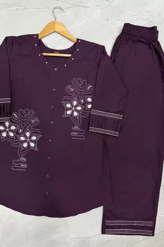 Wine cotton kurti pant set